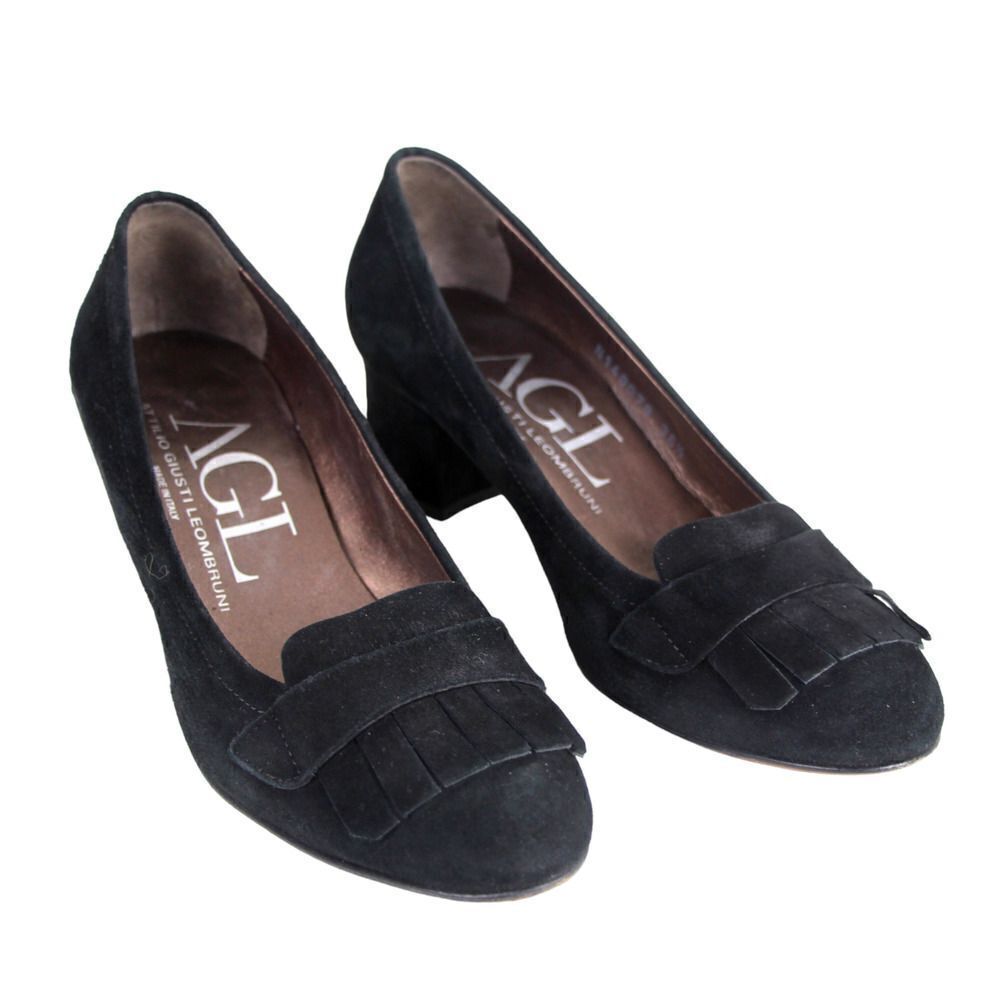 AGL Italy BLACK GENUINE LEATHER SUEDE MID HEEL ROUND TOE PUMP WOMEN'S SHOES 36.5
